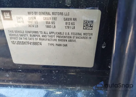 2015 Chevrolet Sonic Lt Manual from USA, damaged, VIN 1G1JD5SH7F4188874